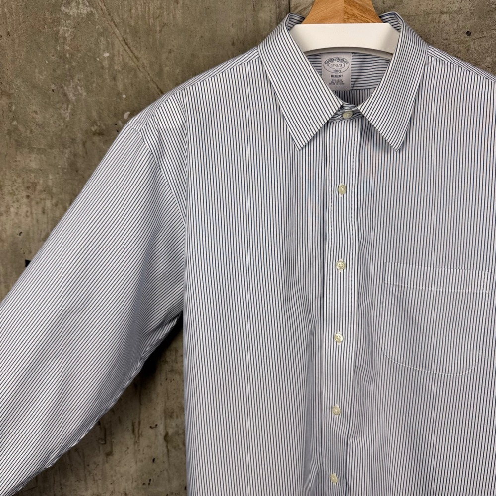 Brookss Brothers 1818 Regent Non-Iron Dress Shirt 17-2/3 Navy Stripe Cotton - Picture 3 of 8